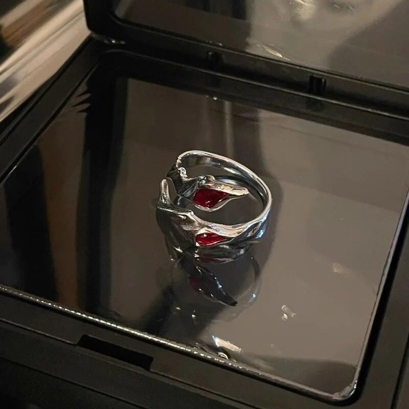 Vintage Red Enamel Cross Open Rings For Women Men Punk Hip Hop Irregular Lava Texture Rings Y2K Aesthetic Jewelry