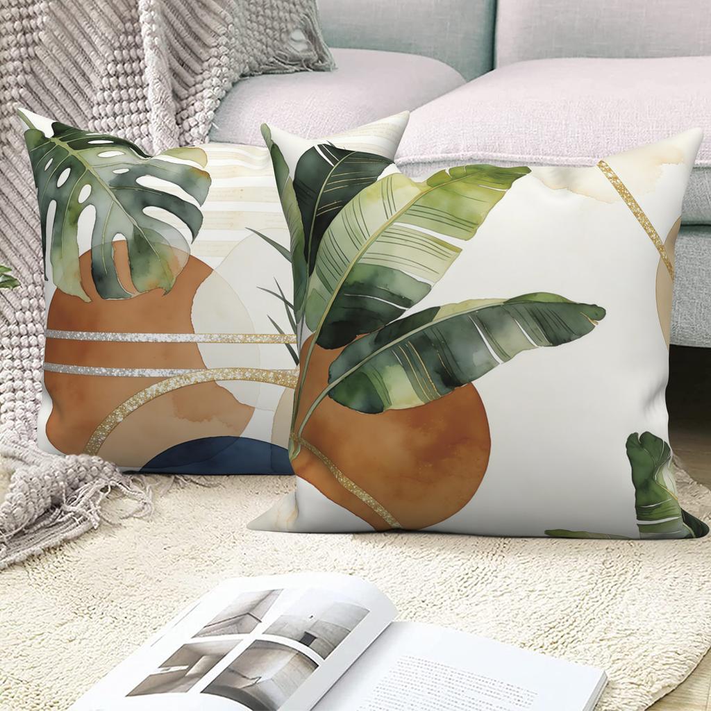 4Pcs/Set Boho Tropical Leaf Throw Pillow Covers, Mid Century Palm Monstera Cushion Cases, Polyester/Linen, Modern Home Decor