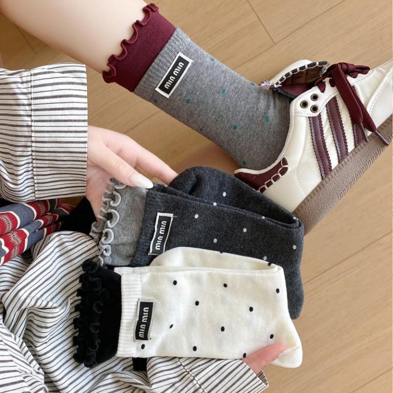 Chaussettes Mi-Mollet à Pois et Dentelle pour Femmes, Style Collège, Début d'Automne