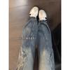 Blue American Miter Pleated Scimitar Jeans Men's High Street Vibe Pants Ruffian Handsome Splicing Straight Micro-pull Pants
