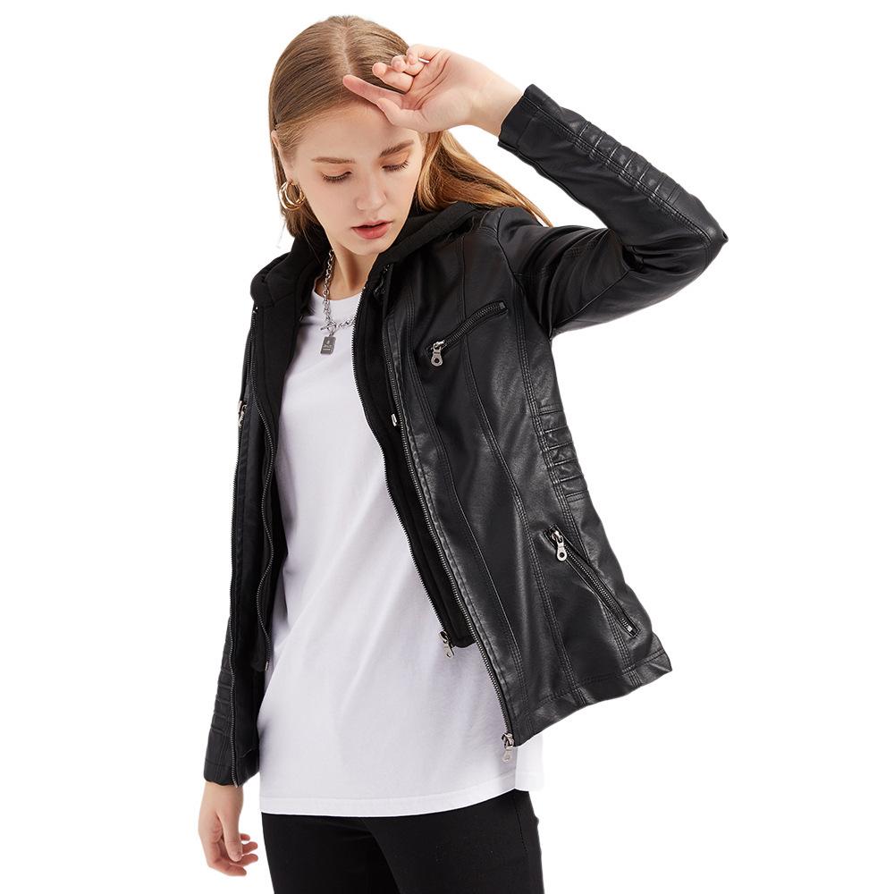 Hooded Leather Jacket Two-piece Set Removable Large Size Genuine Leather Jacket for Women PU Washed Leather