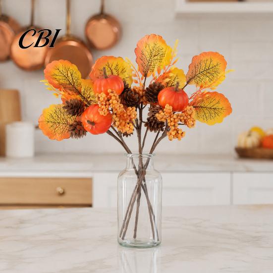 Pumpkin And Berry Centerpiece Autumn Flower Bouquet, Artificial Fall Floral Picks with Maple Leaves Pumpkins Orange Yellow Berries Pine Cones