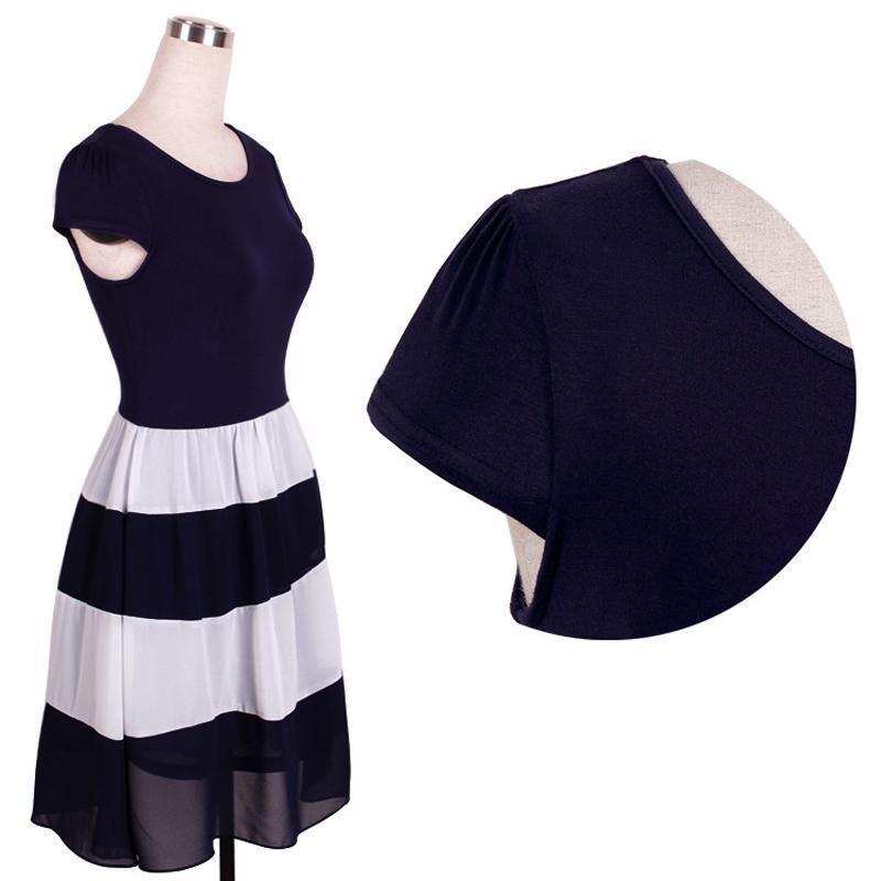 Premium Quality Women Chiffon Striped Dress With Short Sleeves And Zipper Closure