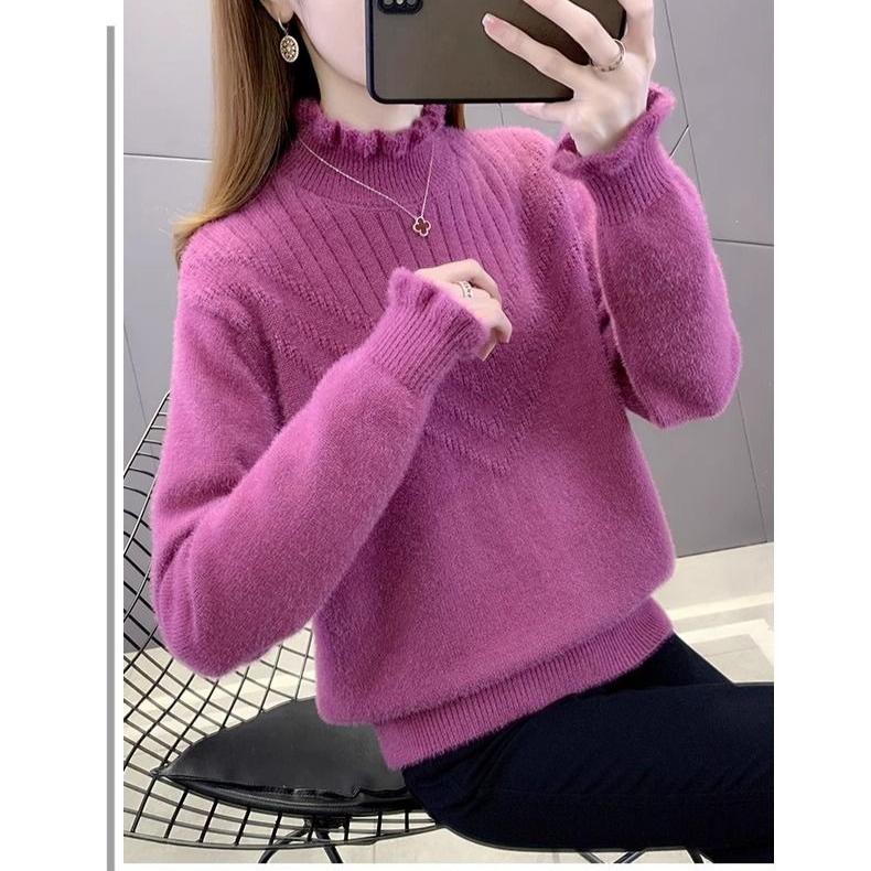 Damenmode Spitze Nerzpullover Winter Dick Warm Rollkragen Locker Gestrickte Oberteile