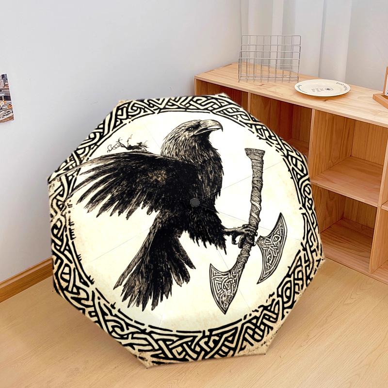 1 PC Automatic Folding Umbrella - Celtic Raven and Axes Pattern, Portable & Foldable Design with 8 Ribs, Christmas Birthday Gifts