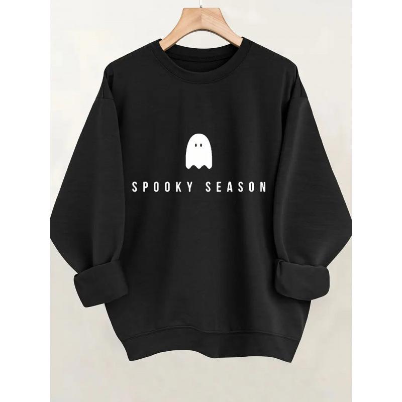 Хит продаж Толстовка большого размера с принтом привидения на Хэллоуин Круглый вырез Европейский и американский стиль S чёрный 1690₽