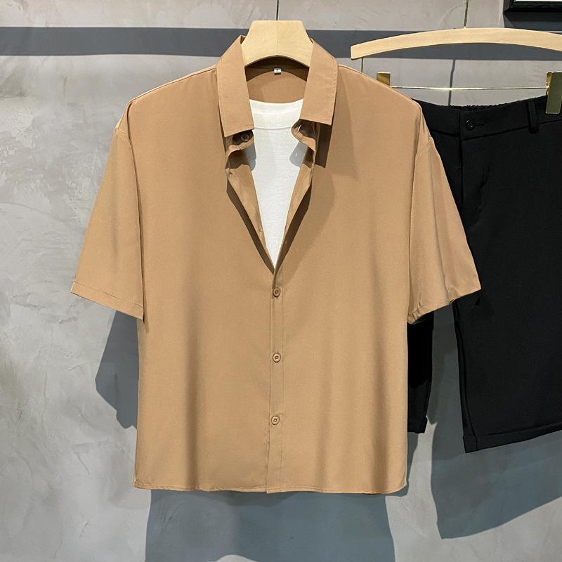 Men's Spring and Summer Lapel Solid Color Short-sleeved Loose Shirt Casual Comfortable Breathable Retro Drape Button Jacket