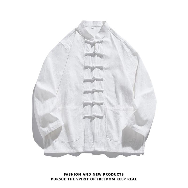 Herbst Herren Einfarbiges Hemd Herren Langarm Chinesischer Stil Hemden Tang Anzug Herren Retro Kung Fu Tai Chi Oberteile Weiße Hemden