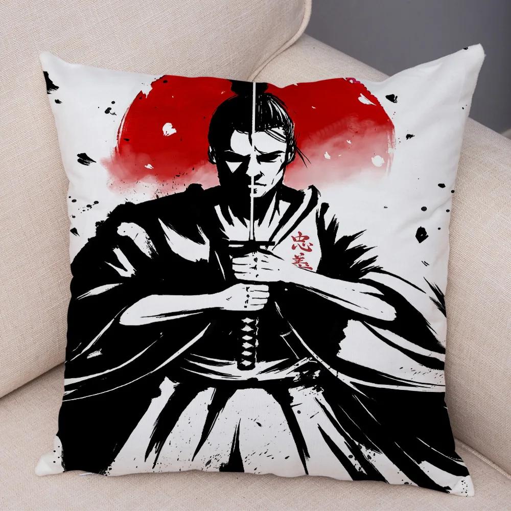 Japan Style Ink Warrior Cushion Cover for Sofa Home Double Print Decor Beautiful Scenery Girl Pillowcase Soft Plush Pillow Case