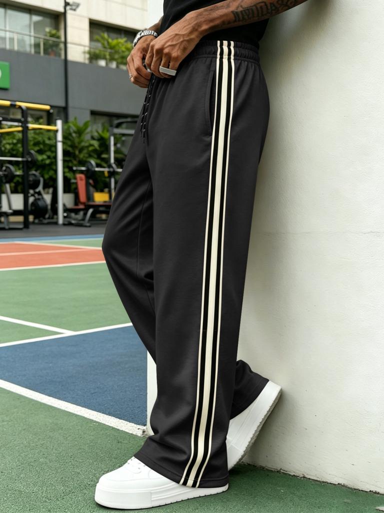 American sticker black and white strip casual trousers men's solid color street fitness running sports trousers straight sweatpants