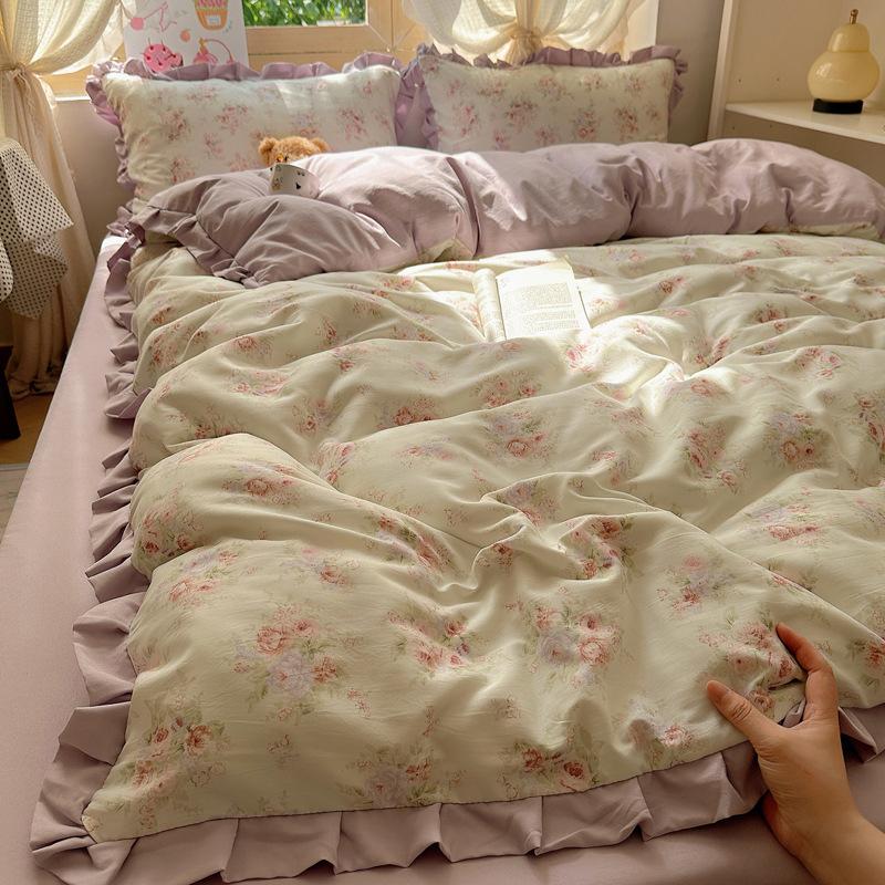 

Четырехпредметный комплект постельного белья из двойной пряжи с кружевом, приятный к коже, дышащий и удобный, стираные простыни, пододеяльники, наволочки, комплекты 1.2m bed