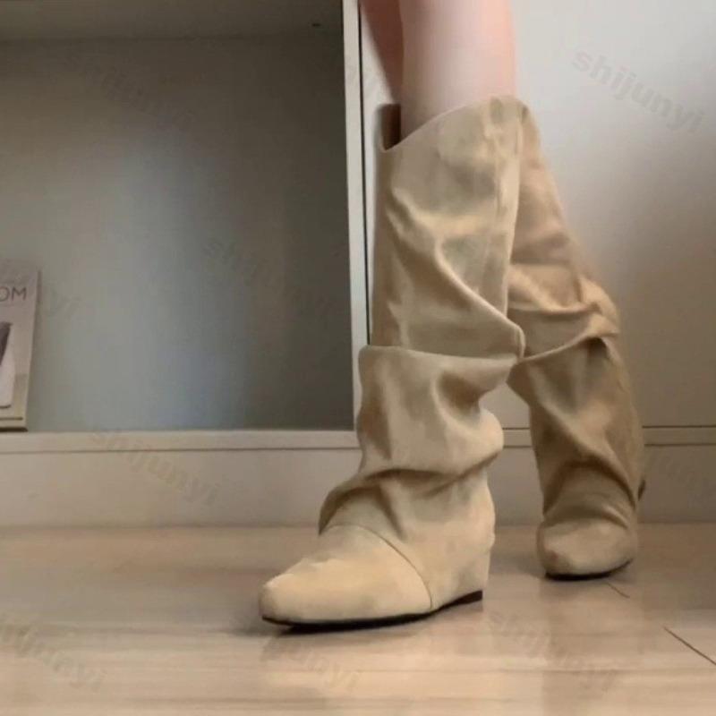 Women's Boots Pointed Toe Mid Calf 2026 Autumn New Fashion Chelsea Boots Height-increasing Insoles Retro Gothic Mujer Botas