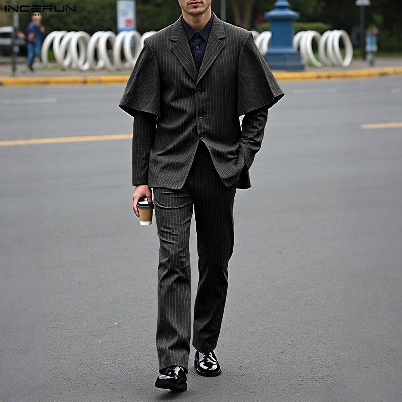 INCERUN Men Sets Layers Long Sleeve Striped Tops and Long Pants Casual Suits