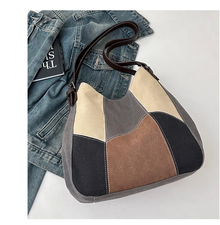 Einfache und modische Damenhandtasche geometrische kontrastfarbene Canvas-Tasche Damen-Retro-Spleiß-Stofftasche mit großem Fassungsvermögen neue Umhängetasche