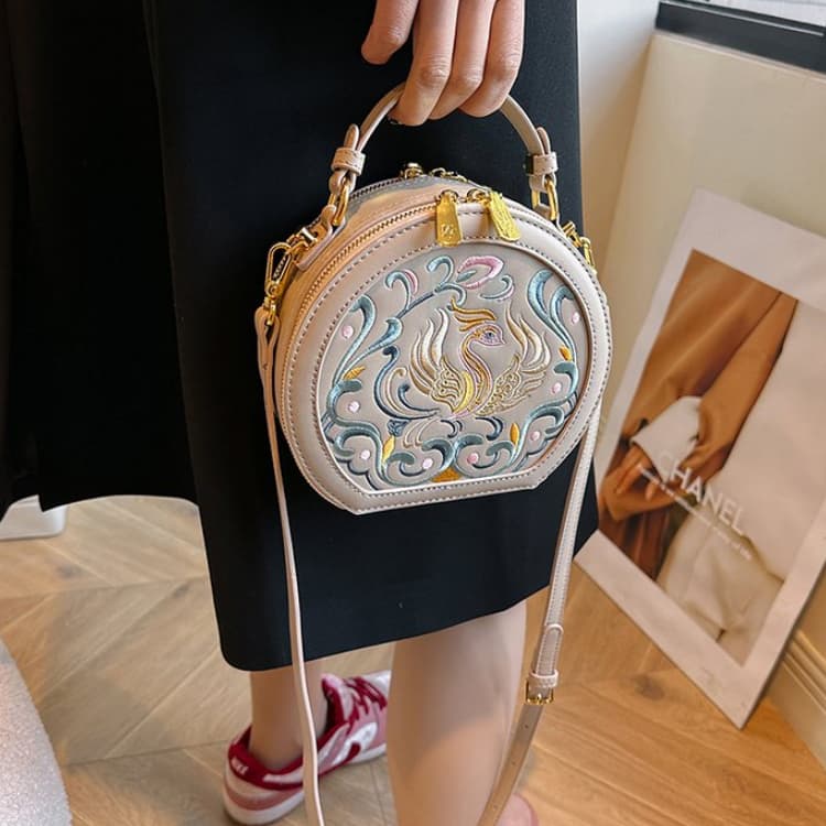 Vintage Embroidery Round Shoulder Bag, Zipper Handbag, Classic Trend Niche Satchel Bag