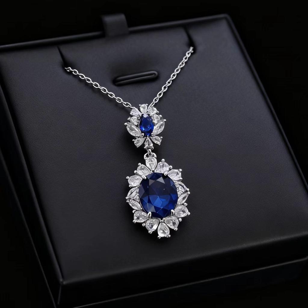 Vintage Colored Jewelry Set Simulation Sapphire Pendant 10 * 12 Stud Earrings 6 * 8 Ring 8 * 10 Three-Piece Jewelry Set