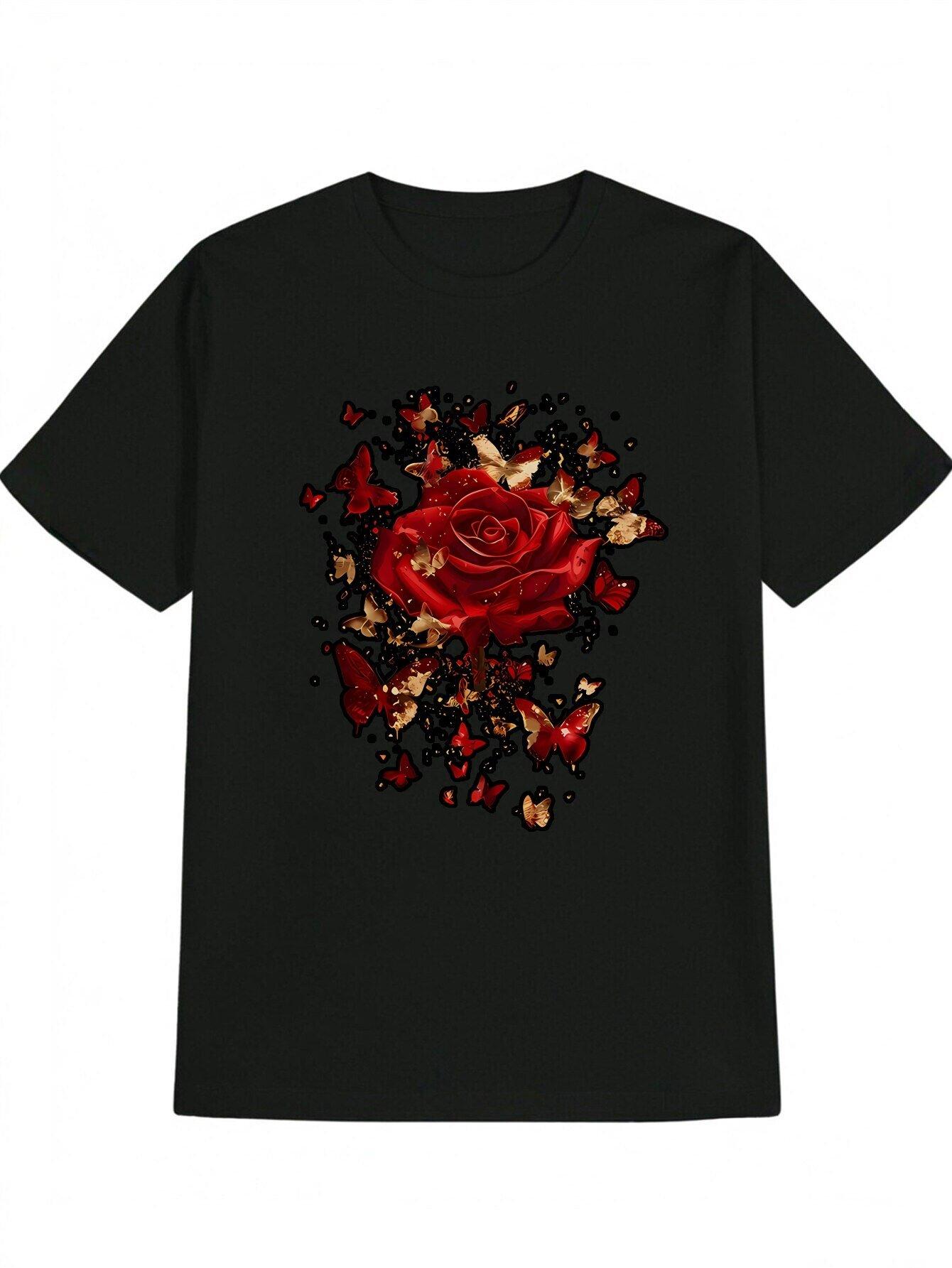 Casual Black T-shirt with Vibrant Red Rose and Butterfly Print S