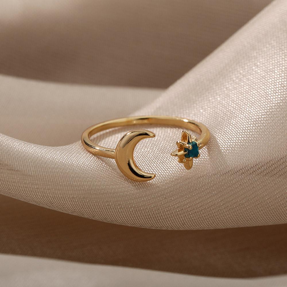 Simple And Luxurious Moon Opening Ring, Octagonal Star Shaped Women'S Ring, Personalized Star And Moon Ring, Fashionable And Elegant Accessory.