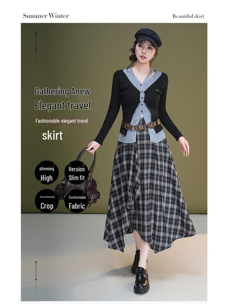 Autumn 2025 High-Waisted Irregular Black & White Plaid Skirt for Women