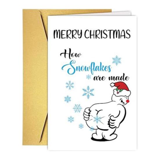 Vtipné vánoční přání pro něj, její humorný kreslený vzor, ​​vánoční skládací přání