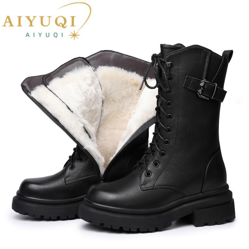 Fashion AIYUQI Women Boots Large Size Genuine Leather Thick Wool Warm Winter Biker Boots Women British Style Women Snow Boots