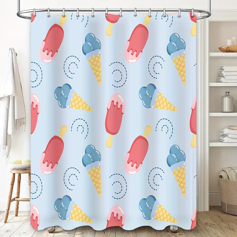 Ice Cream Cone Shower Curtain Waterproof Fabric Bathroom Decor Blue Red Colorful Pattern (C632) [Promotional]