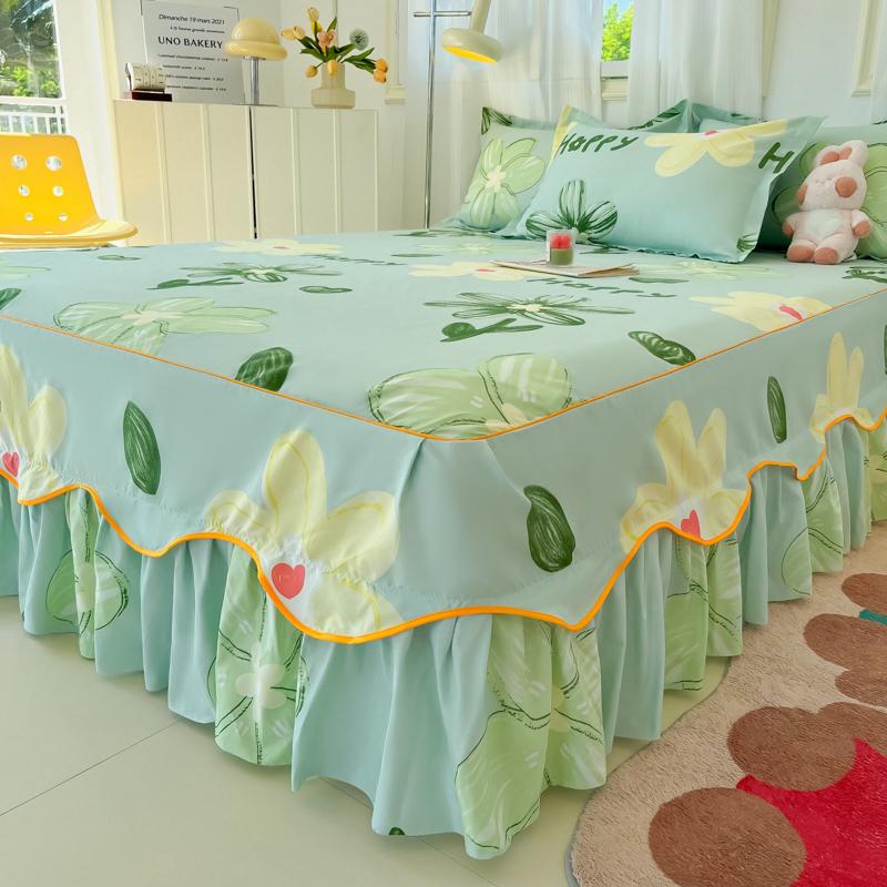 Printed Bed Skirt with Pillowcase Queen Size Bed Cover Set Ruffles Mattress Protector Home Bed Linen Soft Bedspread Jupe De Lit