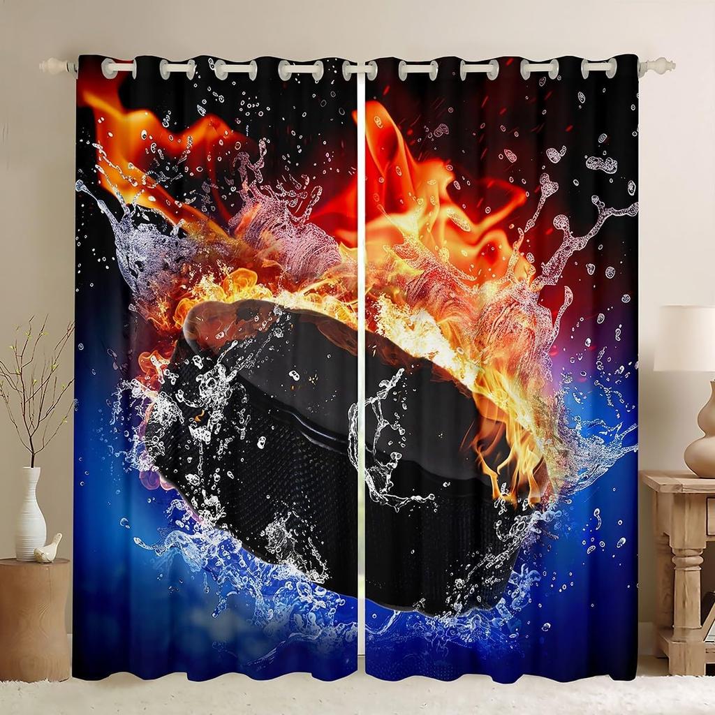 Ice Hockey Curtain Living Room Pucks Sports Ball Games Panel Winter Extreme Sport Theme Curtains Drapes Blackout Polyester Ideal For Sitting