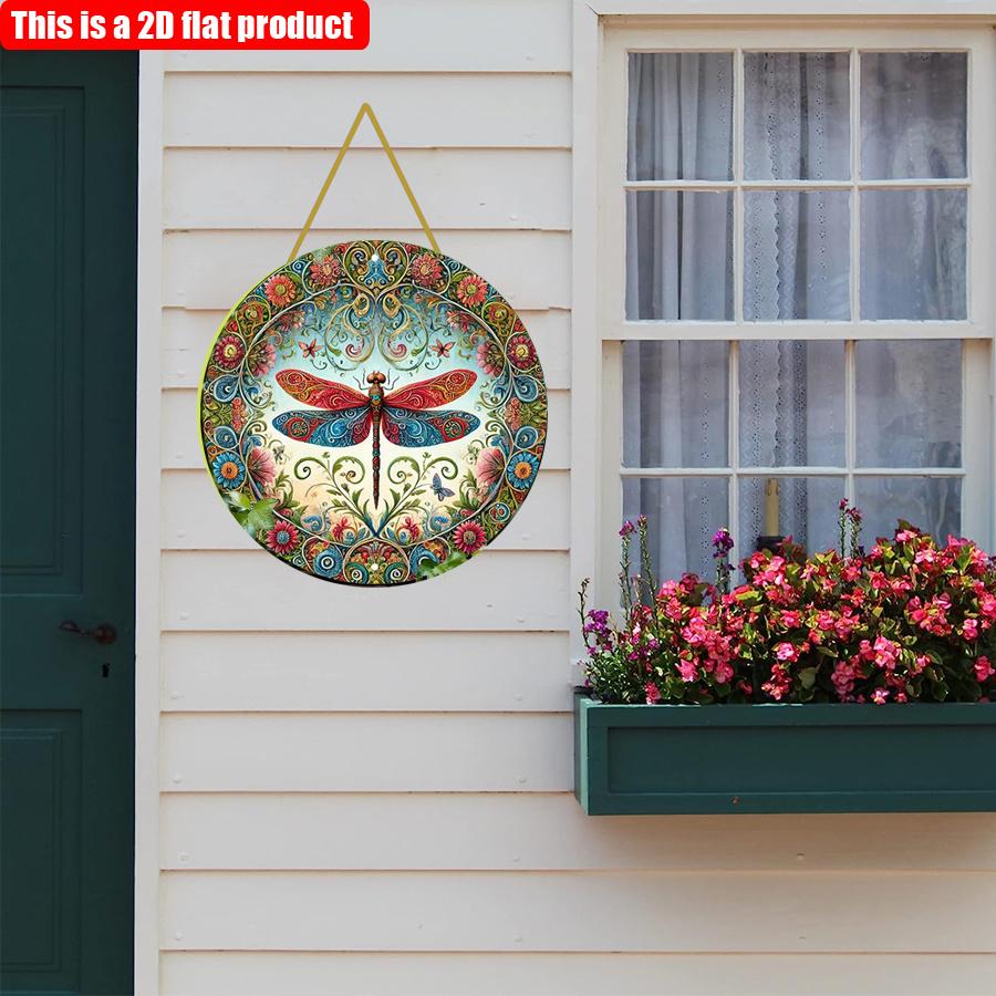 2D Flat 20*20cm1pc Colorful Dragonfly Pattern Wooden Wall Art Plaque, Round with Delicate Floral and Insect Design for Home, Garage, Garden and Cafe