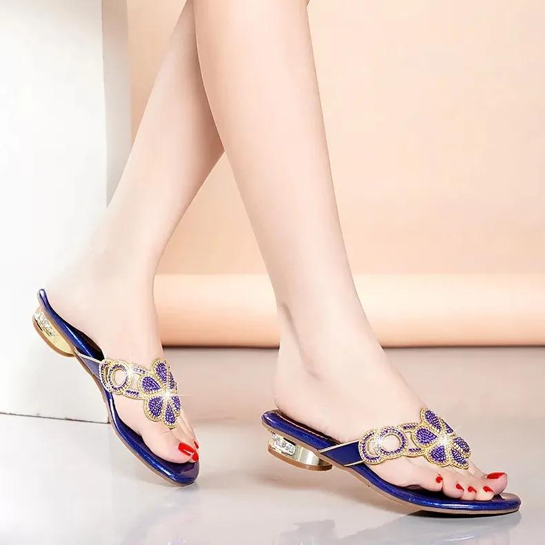 WTEMPO Jednobarevné pantofle s nízkým silným podpatkem, protiskluzové, s kamínky, dámské, velká velikost, měkká umělá kůže, plážové, k moři, venkovní žabky