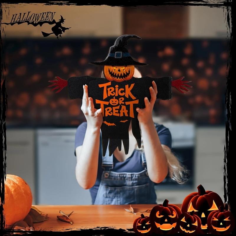 1Pcs 2D Halloween Trick-Or-Treat Wooden Sign Monster Face Pumpkin Design Rope Hanger Porch Wall Or Halloween Garden Party Decora
