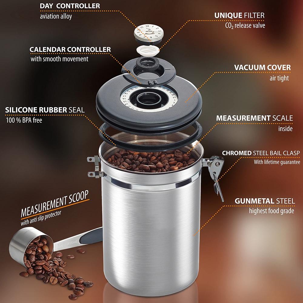 Stainless Steel Airtight Coffee Container Canister Coffee Grounds and Beans Container with Date Tracker, Scoop, CO2 Valve Filters,  Silver