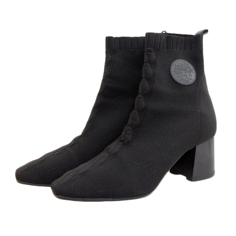 HERMES Excellent condition Volver Exlibris knit short boots, women's, black, size 38 1/2 shoes black fabricUsed