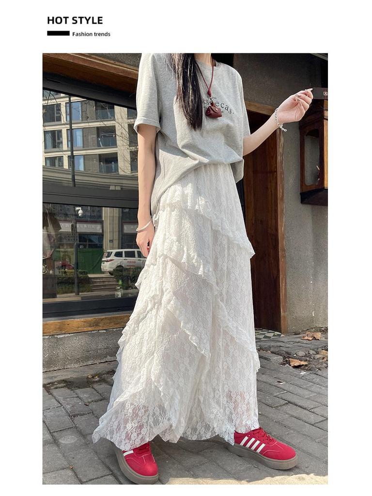 Women's White Lace A-Line Irregular Long Skirt, Spring/Autumn 2026 Collection