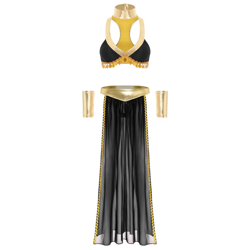 Womens Ancient Egyptian Queen Cosplay Outfit Crop Top Collar Sleeves Side Slit Chiffon Skirt 4 Piece Set