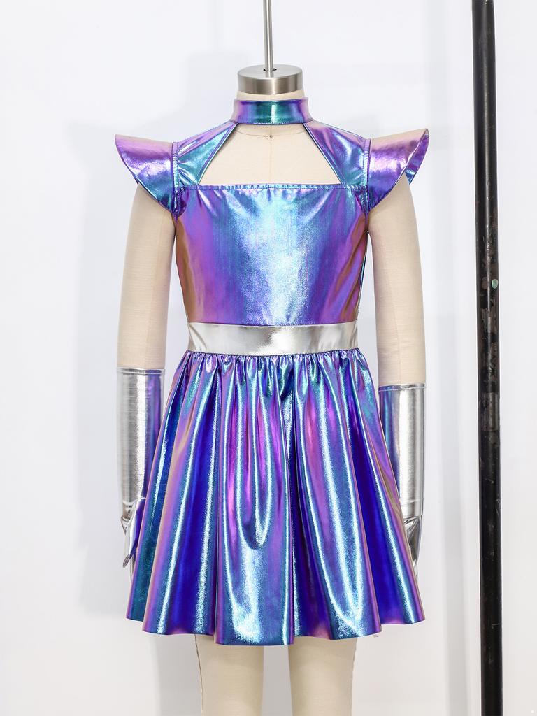 Kinderen Meisjes Buitenaards Cosplay Kostuum Uitgesneden Vliegende Mouw Metallic A-lijn Jurk met Handschoenen voor Halloween Robot Buitenruimte Feest