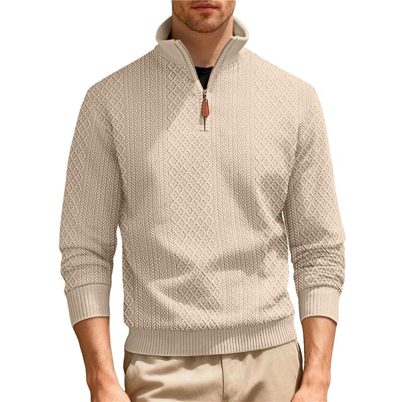 Men's Quarter Zip Pullover Sweater Diamond Jacquard Knit Stand Collar Long Sleeve Casual Sweatshirt For Business & Daily Wear