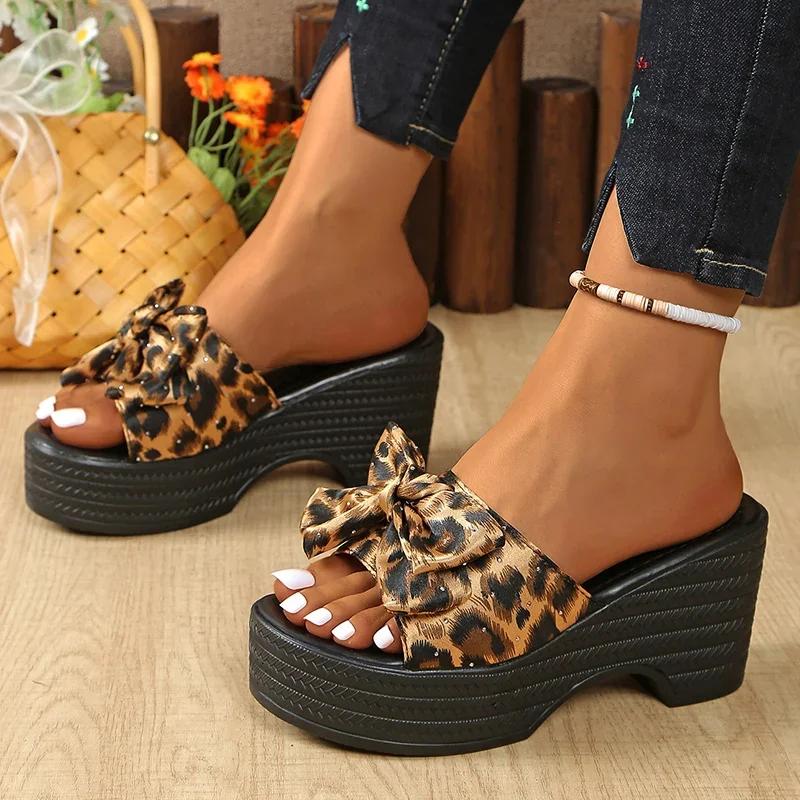 Leopard Bowknot Decor Wedge Heel Sandals for Women Summer 2025 Fashion Chunky Platform Slippers Woman Thick Sole Beach Sandalias