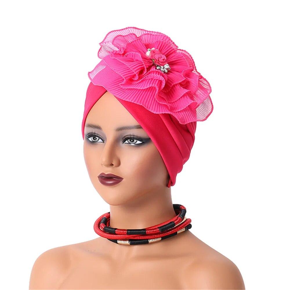 Ruffled Flower Women Turban Cap Female Head Wraps