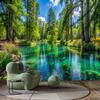 Green Forest Lake Tapestry Wall Hanging, Crystal Clear Water & Pine Tree Nature Landscape Wall Art for Home Decor