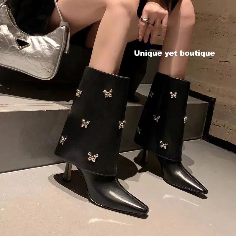 Fashion Pointed Fine Heel Fashion Boots Rub Zipper Sexy Women's Boots 2025 Winter New High Boots Rubber Bottom Pu Material