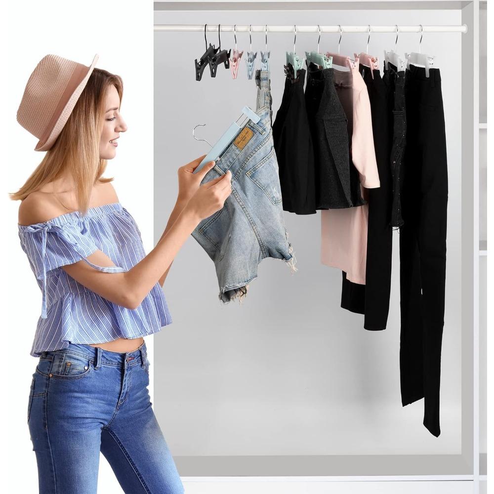 Věšáky na kalhoty s klipy, Věšáky na sukně, Otočné háčky o 360°, Prostorově úsporné věšáky na kalhoty, sukně, oblečení, džíny