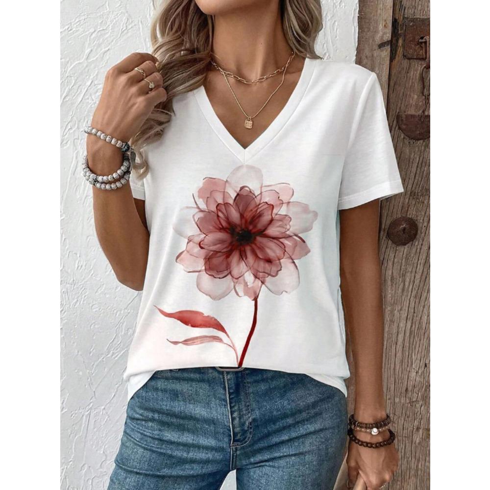 Damski T-shirt Letni Kwiatowy Wzór Krótki Rękaw Koszulki Codzienne Drukowane Top