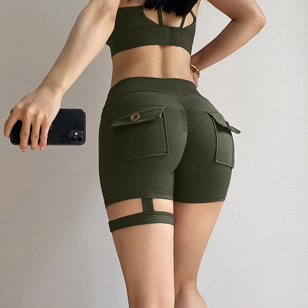 Womens High Waist Stretchy Pocket Shorts with Button Flap and Strap for Casual and Active Wear
