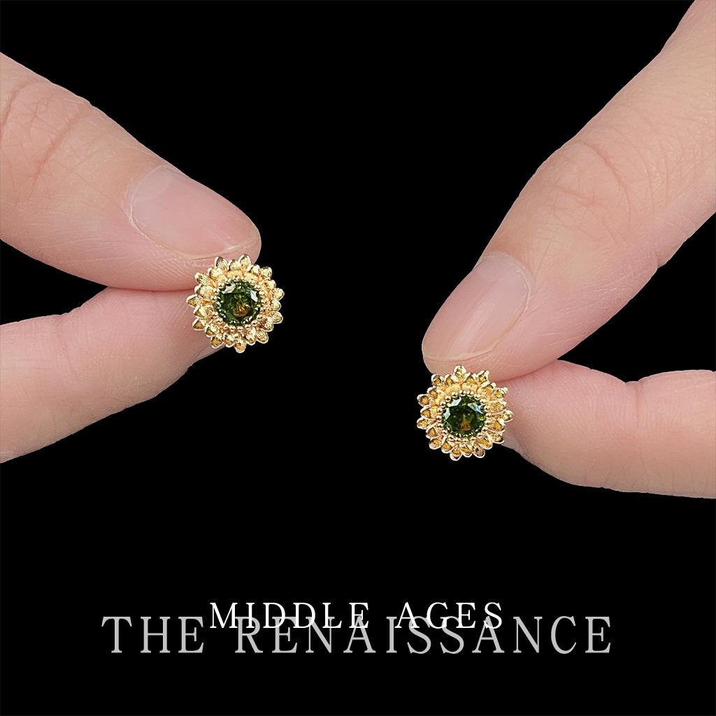 Olive green daisy sunflower zircon stud earrings French retro court style earrings