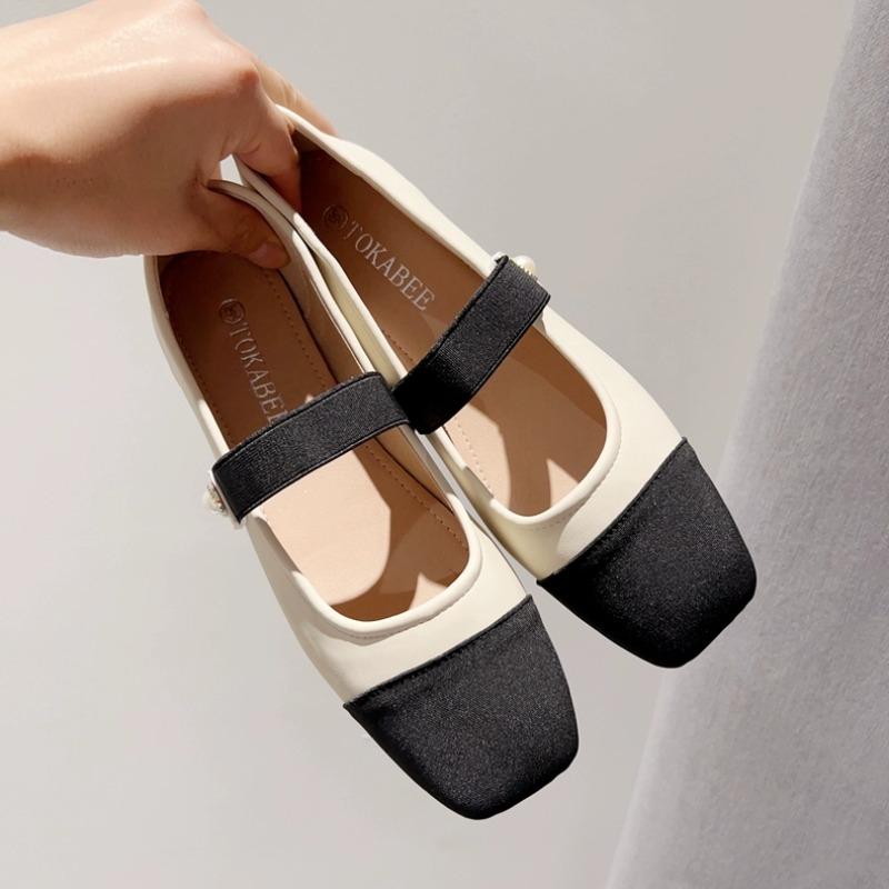 Fashion New Women's Flats Black Toe Mary Janes Shoes Pearl Buckle Patchwork Leather Shoes Mixed Color Slip on Flat Shoes Spring