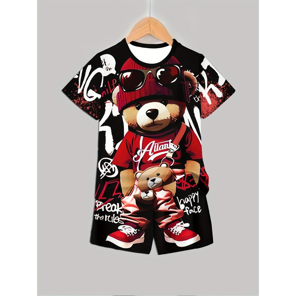 Boys' set of fashionable 3D printed casual pullover, short sleeved shorts, T sports shirt, boys' outdoor T-shirt shorts set