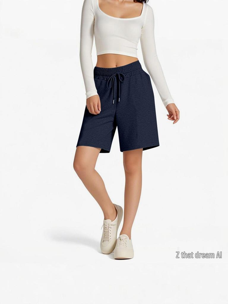2025 Summer High Waist Drawstring Solid Color Casual Women's Shorts - Loose & Versatile Sporty Style