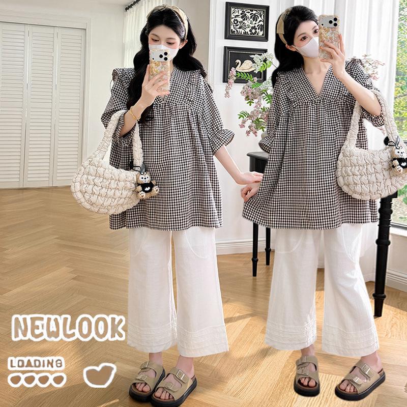 2026 Maternity Plaid Shirt & Lace Trim Pants Set Large
