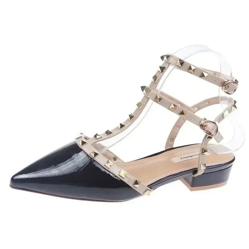 

2024 Fashion Shoes for Women Slingbacks Buckle Female Sandals Spring Pointed Toe Rivet Shallow Sexy Dress Party Low Heels Shoes 34 чёрный